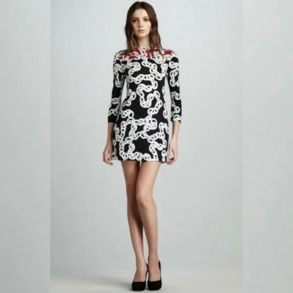 Diane Von Furstenberg Ruri Chain Print Silk Dress Size 4 Black Red 3/4 Sleeve - Picture 1 of 10